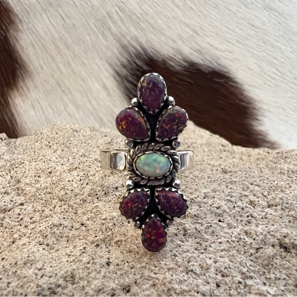 ❤️ Balloon Opal Cluster Navajo  Southwestern Artisan Ring Size Adjustable 6 to 8 - Picture 4 of 14
